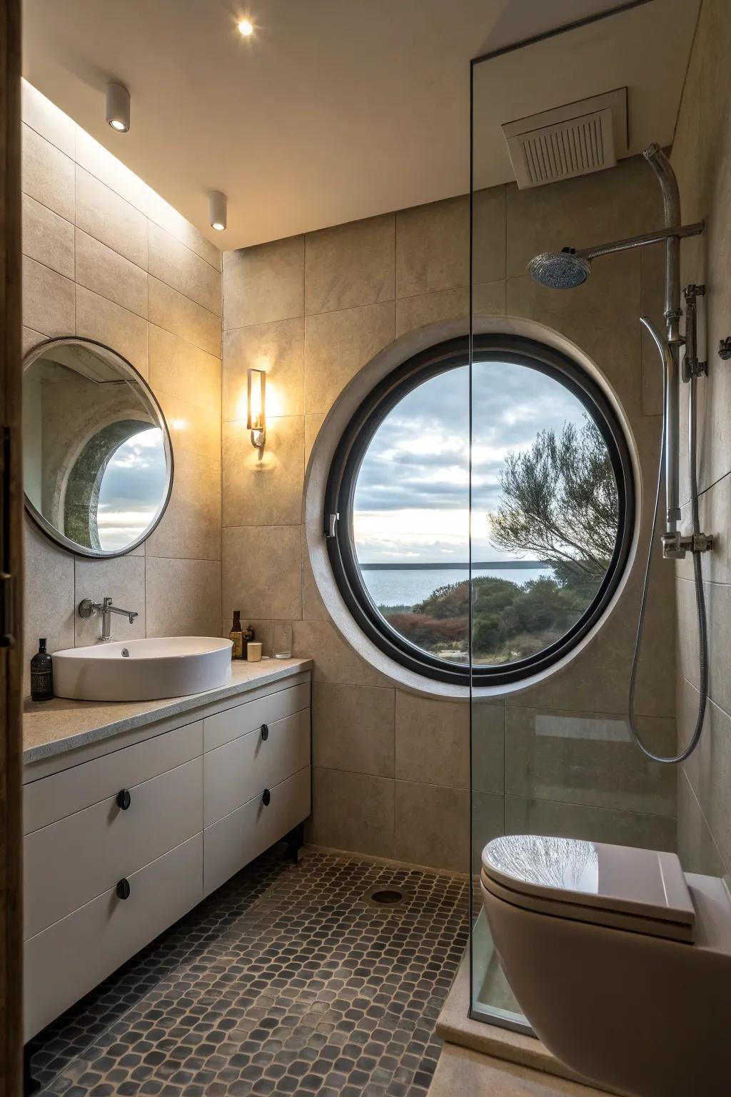 A round window in the shower adds a unique architectural element to the bathroom.