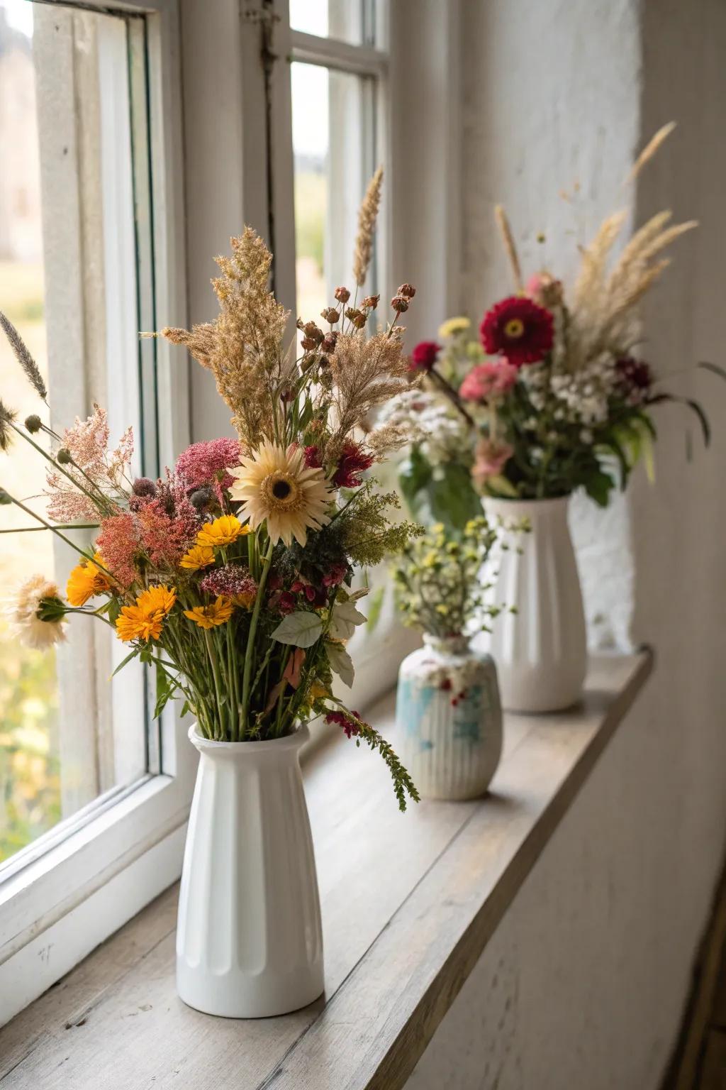 Vases with fresh and dried flowers add elegance to this window sill.