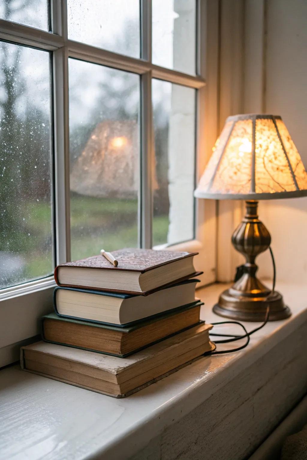 Books on the windowsill invite relaxation and reflection.