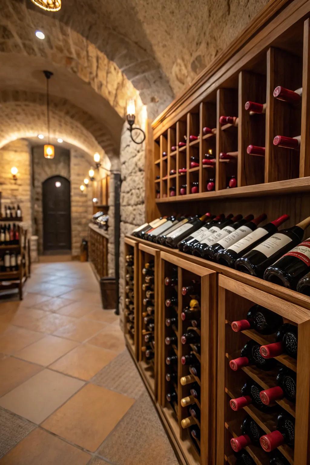 Wine cellar with soft ambient lighting creating a warm atmosphere.