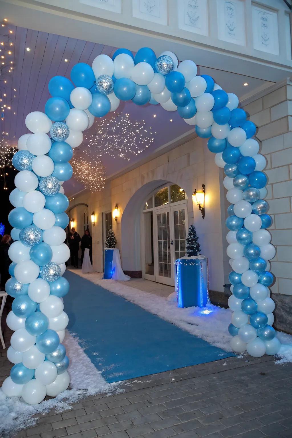 A balloon arch welcomes guests into a winter wonderland.