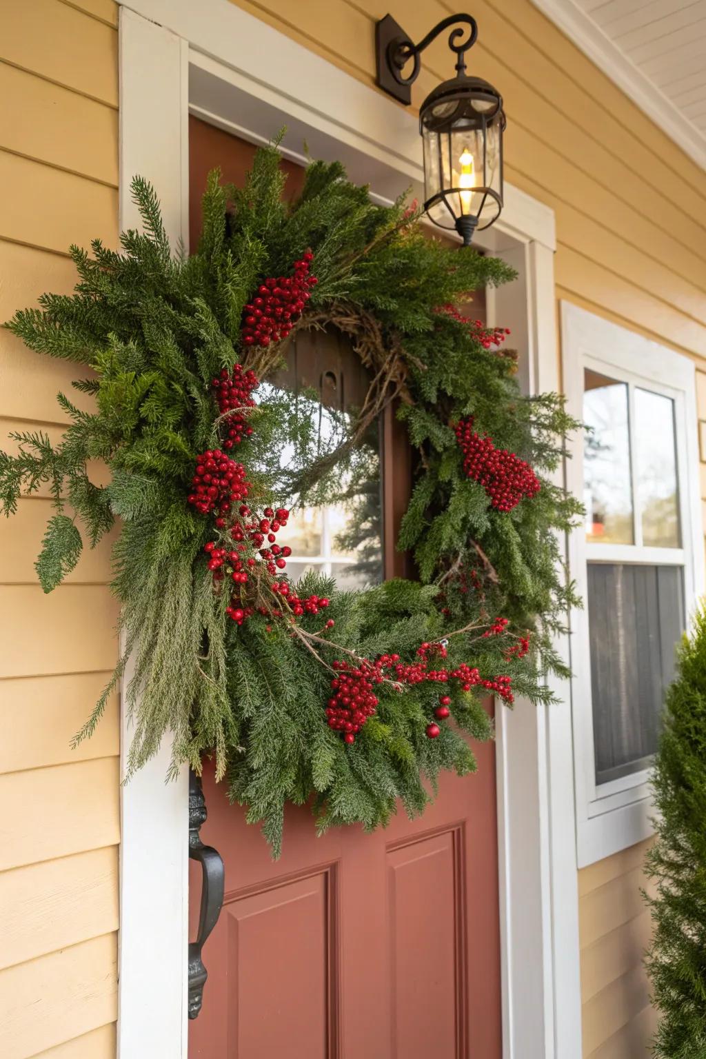 A welcoming evergreen wreath with red berries enhances the entryway.