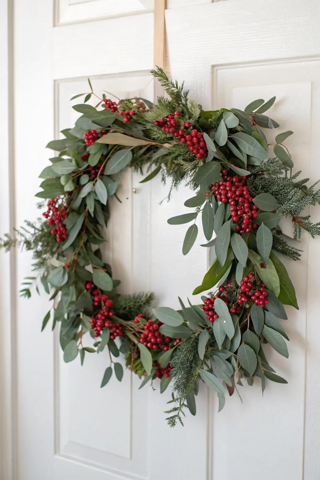 Eucalyptus and berries offer a fresh, fragrant winter welcome.