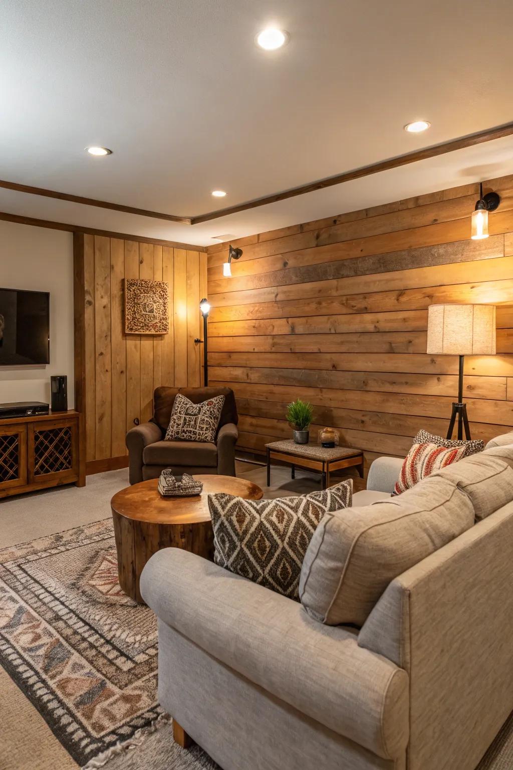 A wood accent wall creating a cozy focal point in the living room.