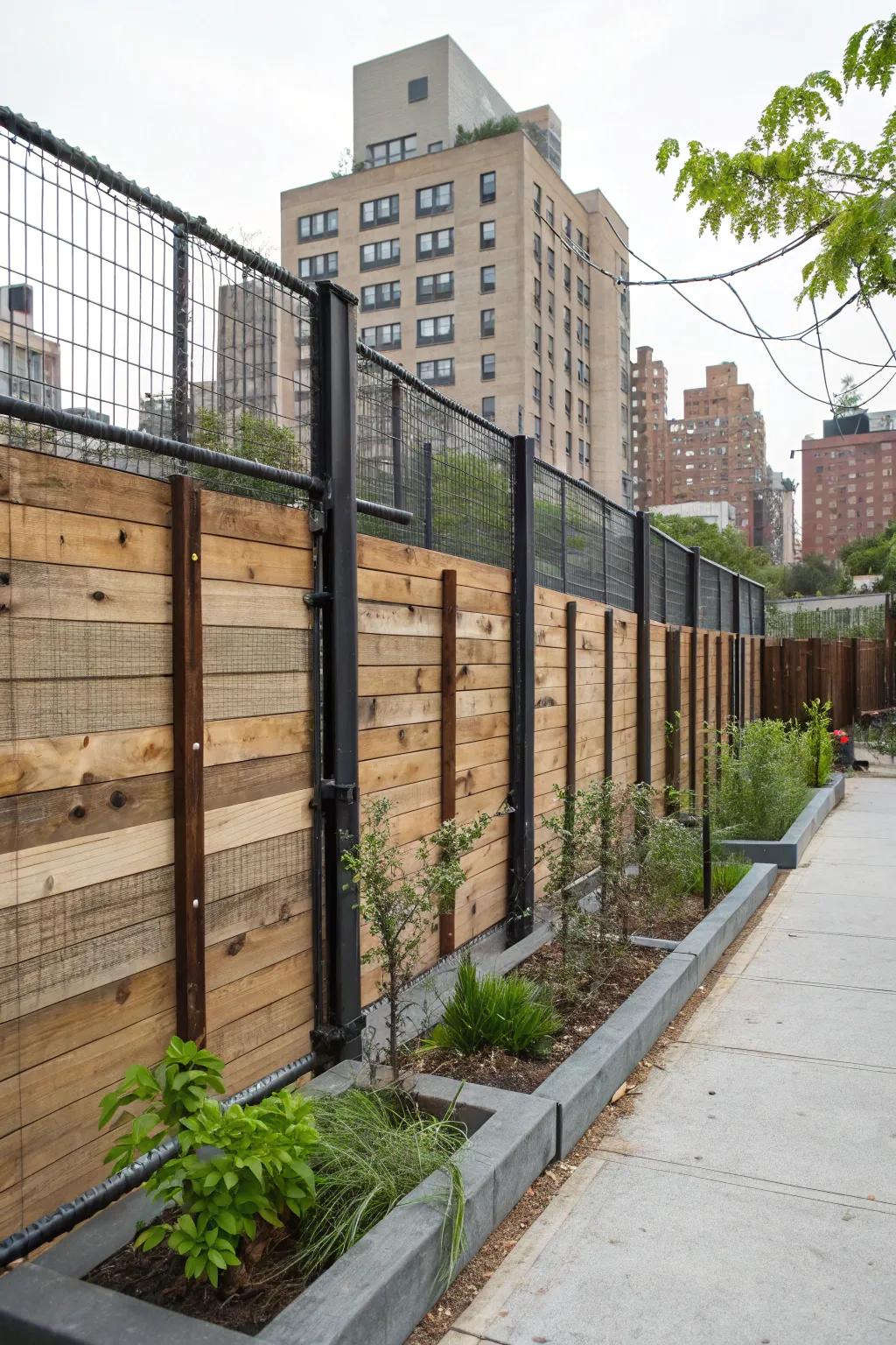 An industrial-inspired fence with raw wood and exposed metal.