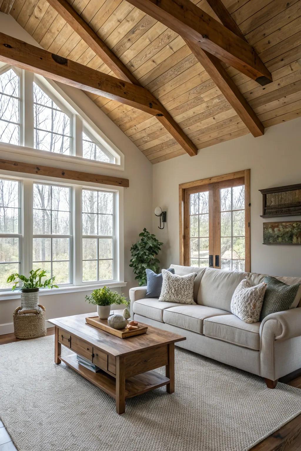 Serene living room with neutral tones and wood beams.