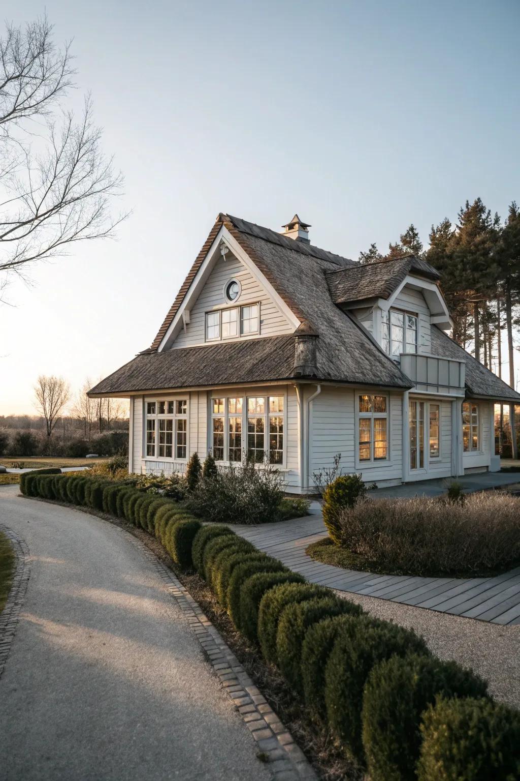 A wooden house painted in natural neutral tones, exuding simplicity and elegance.
