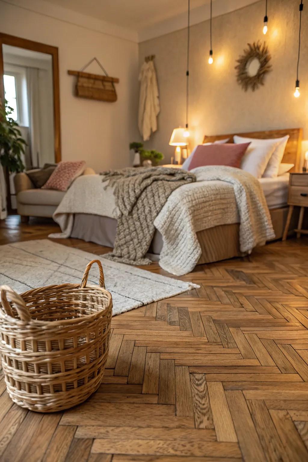 A cozy bedroom with a basket weave wood floor adding texture and warmth.