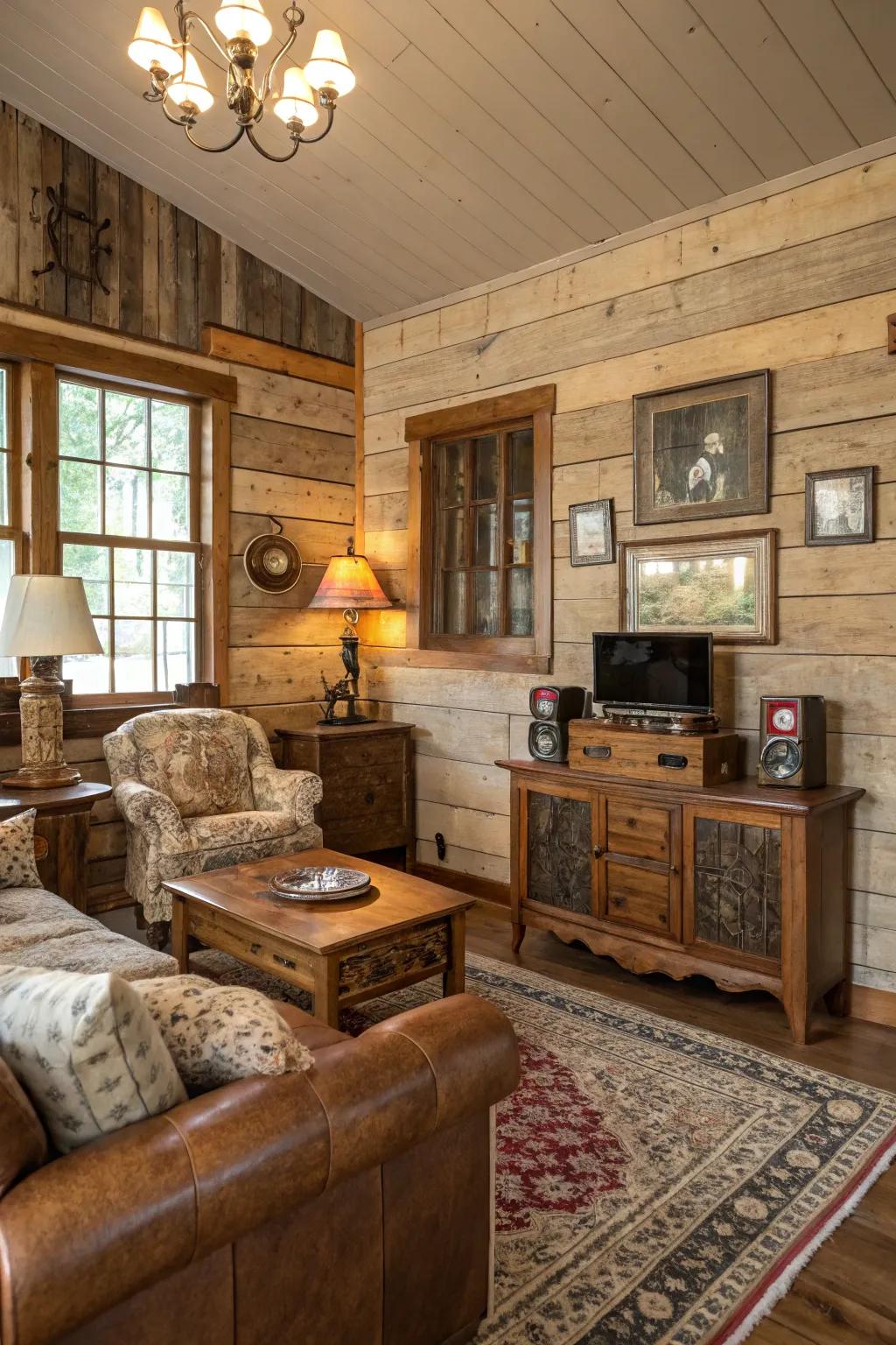 A living room featuring rustic, textured wood panel walls.