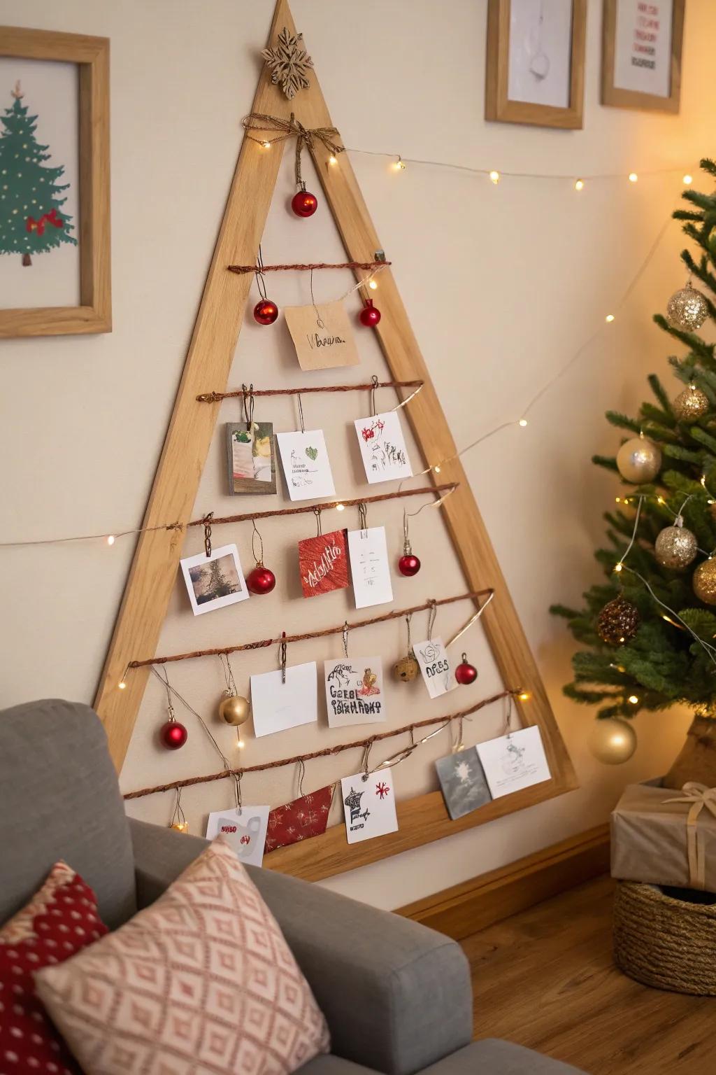 A sleek wall-mounted tree perfect for displaying cards and ornaments.