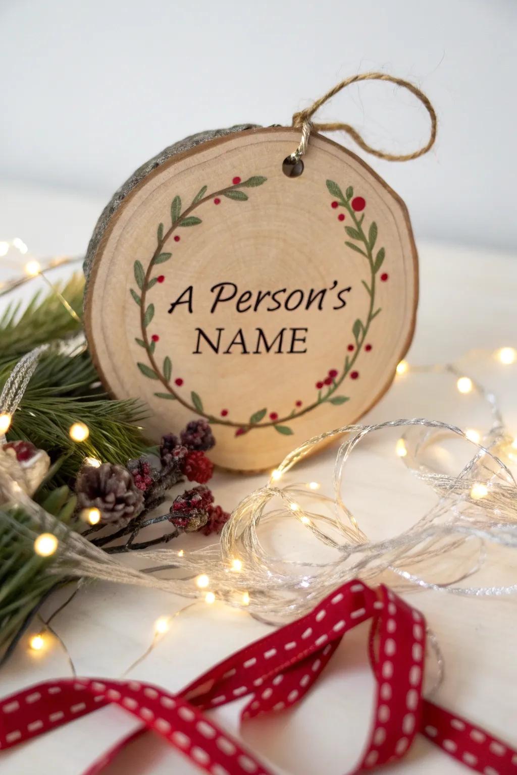 Personalized wooden circle ornament with elegant calligraphy.