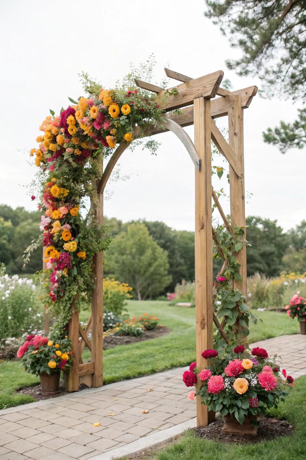 Seasonal flowers bring vibrant energy to your wedding arch.