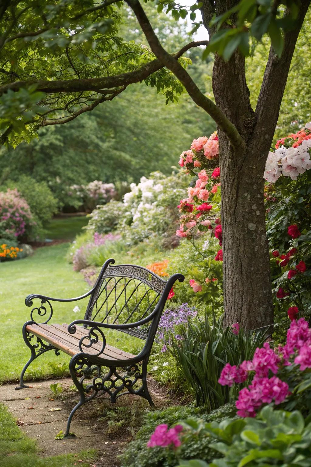 A wrought iron bench invites you to unwind in your garden oasis.