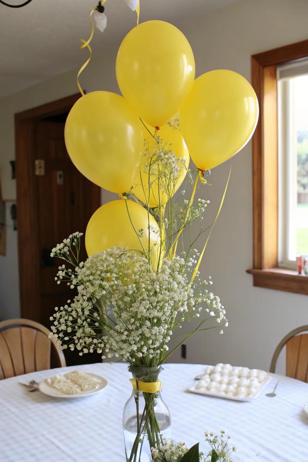 Elegant balloon bouquet with floral accents.