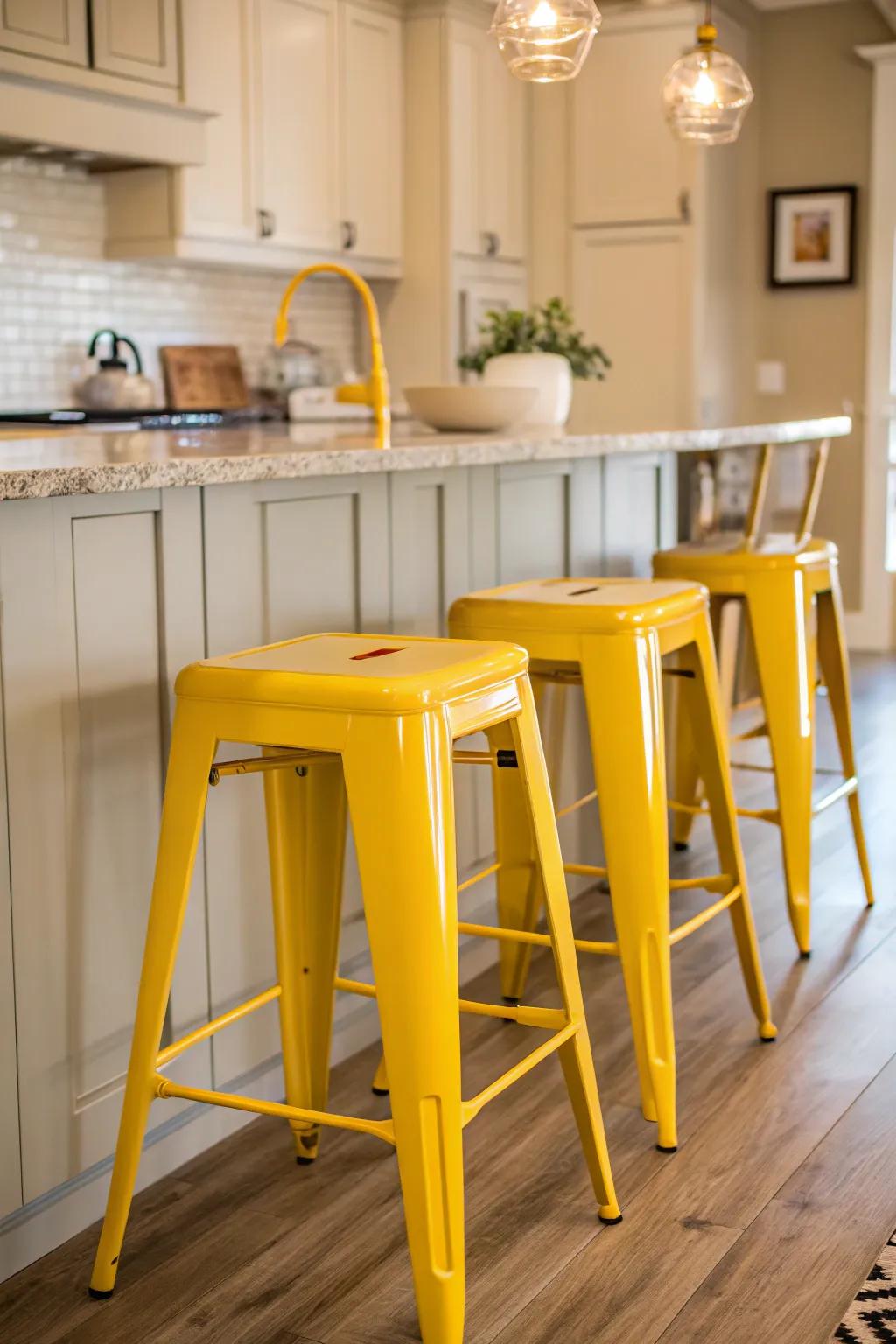 Yellow bar stools provide a cheerful contrast in an otherwise neutral kitchen.