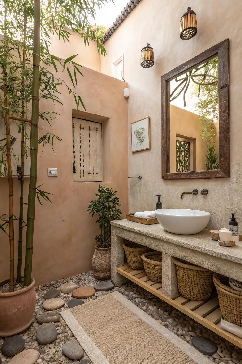 Earthy tones provide a soothing backdrop for a zen bathroom.