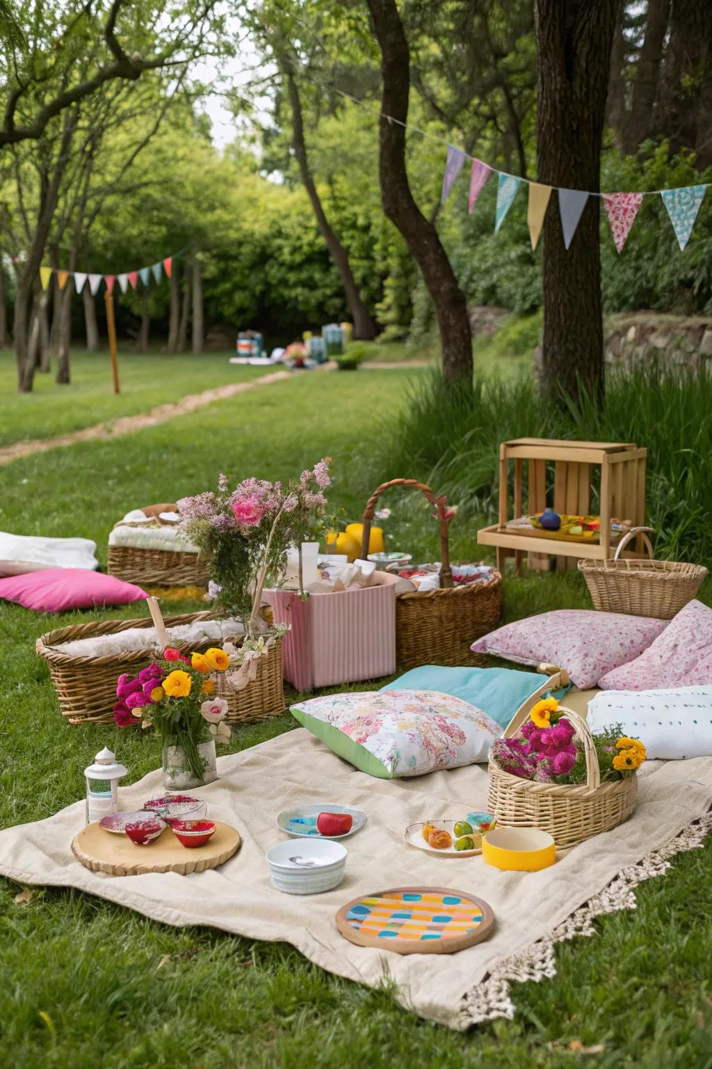 An outdoor picnic party setup with vibrant colors and cozy blankets.