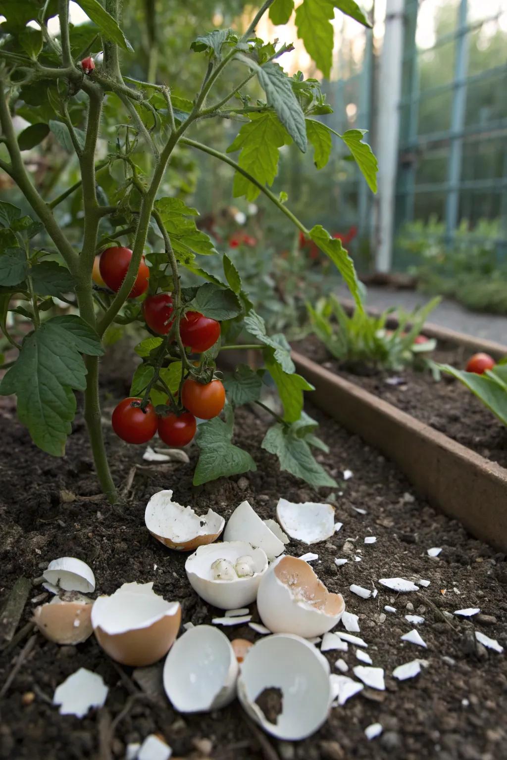 Eggshells enriching soil and keeping pests at bay.