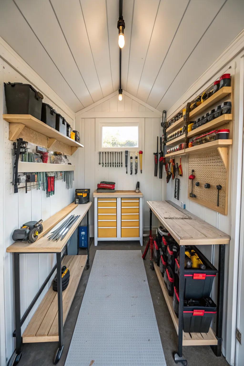 An efficient workshop with organized tool shelves and a compact workbench.