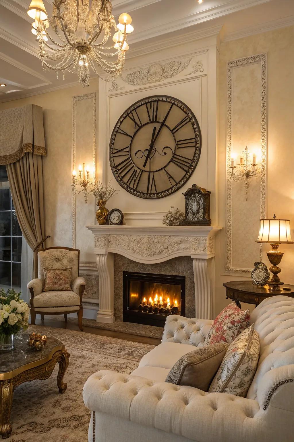 A large wall clock serves as both art and functionality above the fireplace.