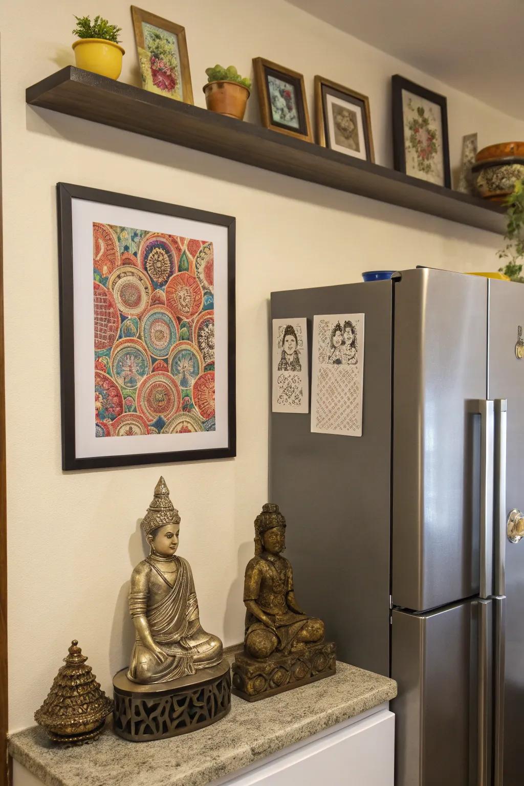 Artful decor above the fridge adds a personal touch.