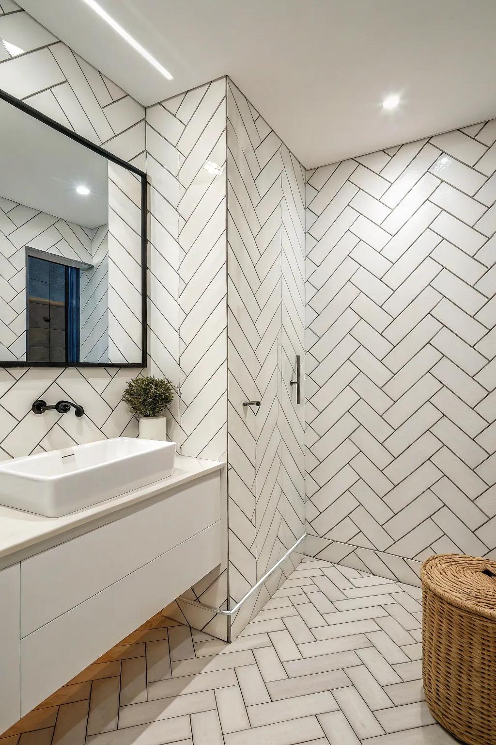 Subway tiles in creative patterns offer a timeless yet fresh look.