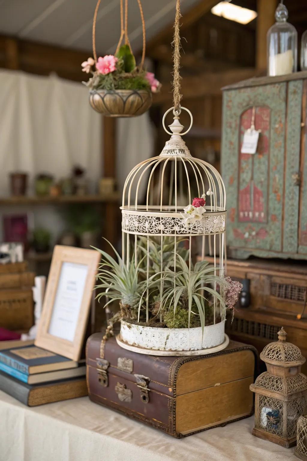 Birdcages offer a whimsical touch to air plant displays.