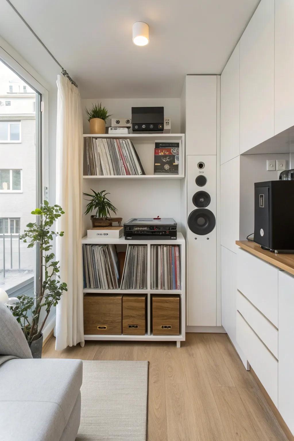 A compact vinyl storage unit perfect for small spaces.