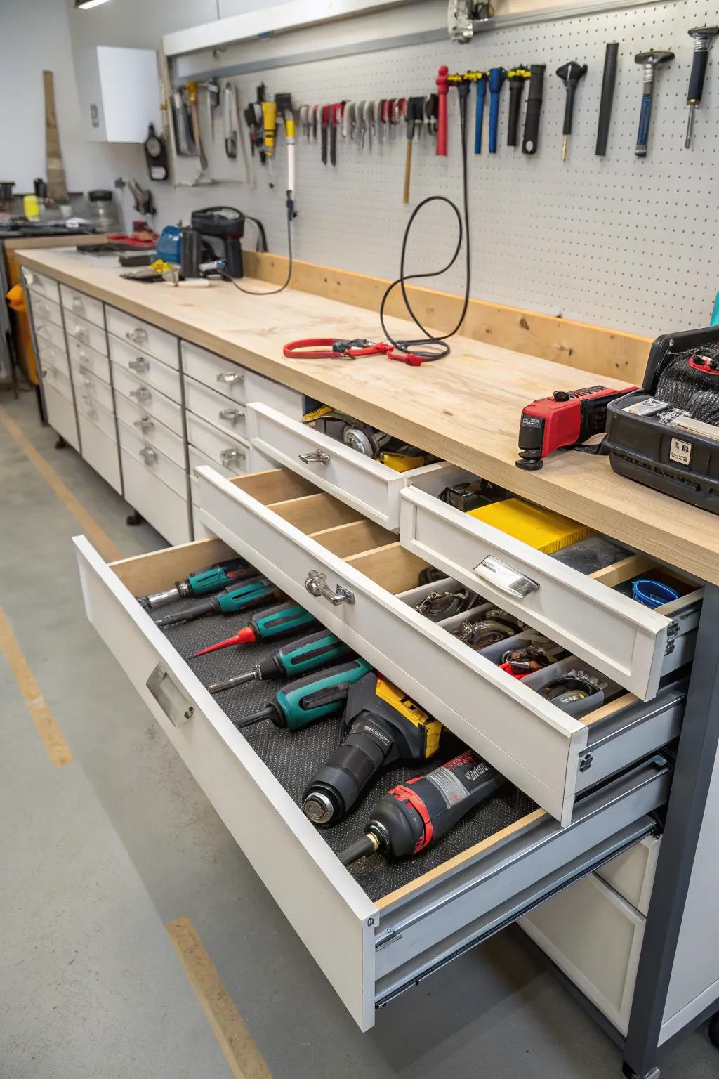 Under-bench storage keeps angle grinders neatly tucked away yet accessible.