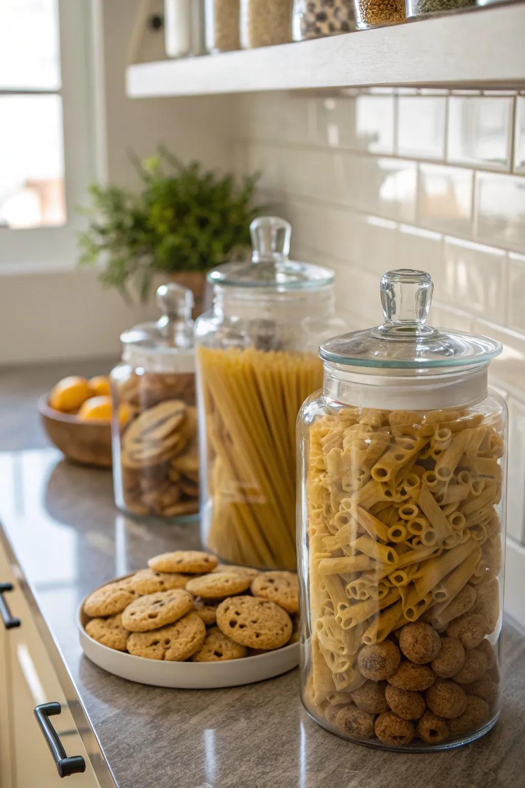 Apothecary jars add a delightful touch to kitchen storage.