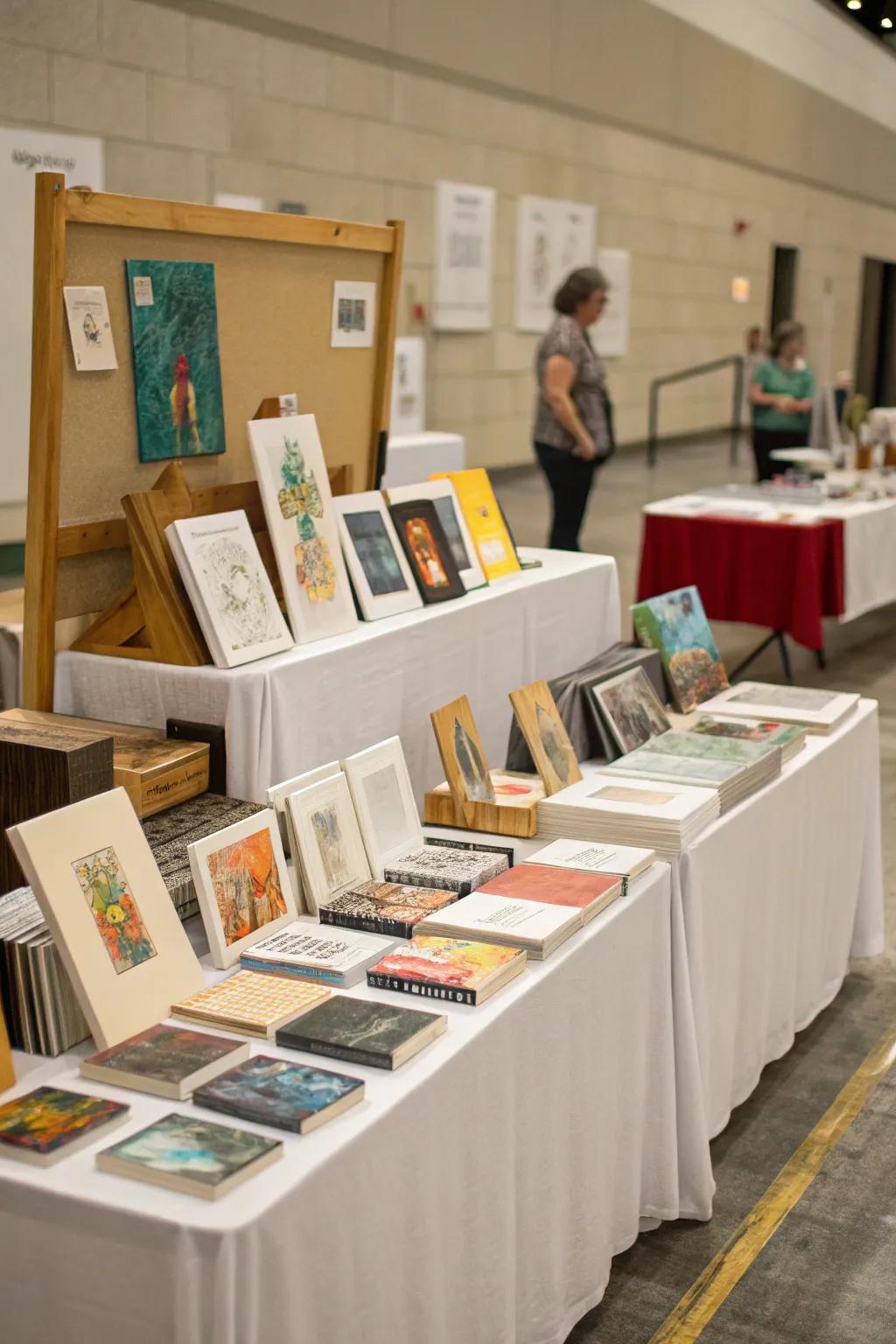 Tables and risers adding dimension to the art display.