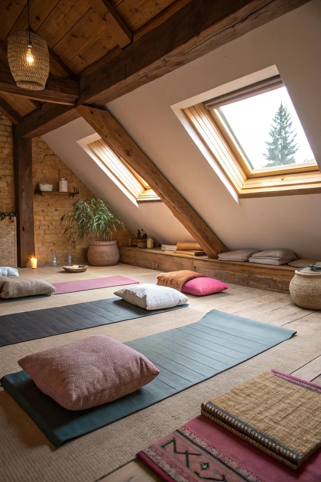 A tranquil space for yoga and meditation in your attic gym.