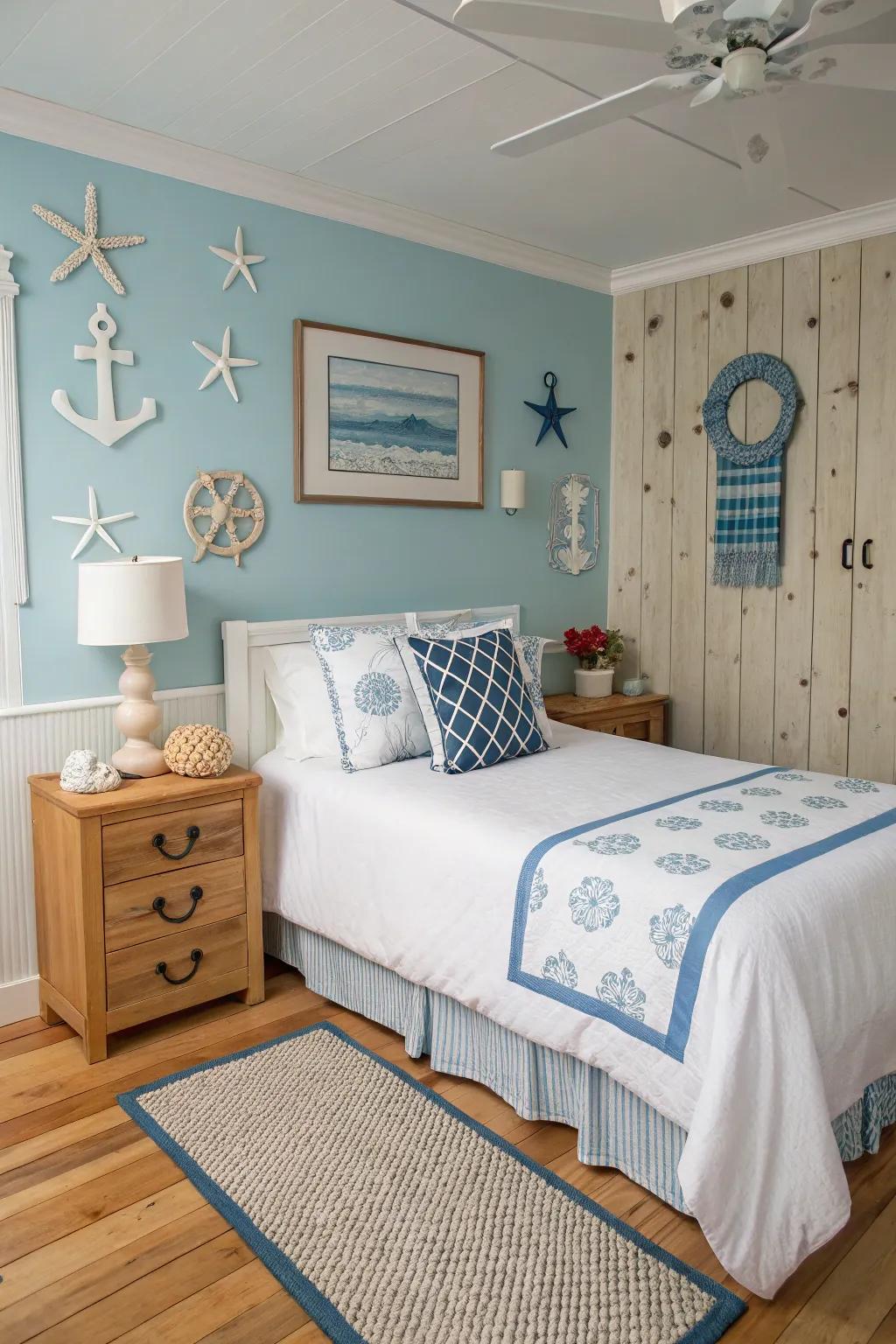 A coastal-inspired bedroom that invites the serenity of the sea indoors.