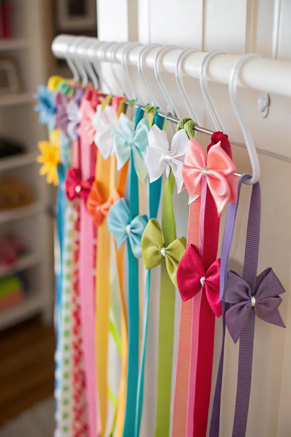 A creative DIY ribbon hanger for displaying baby bows.