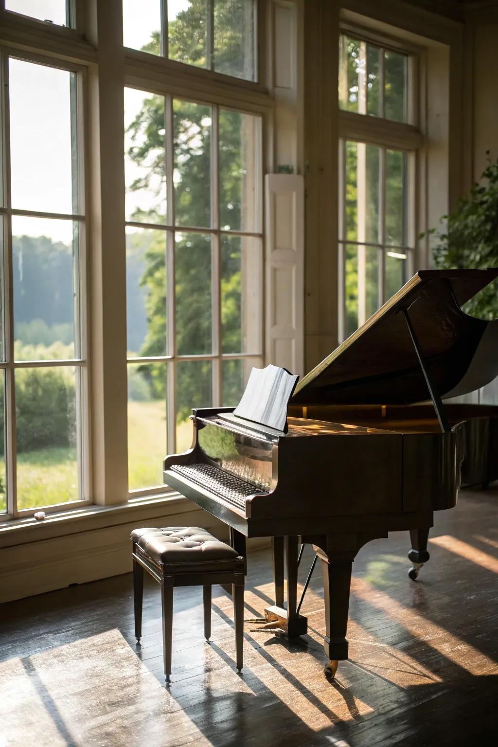 Natural light brings out the beauty of the baby grand piano.