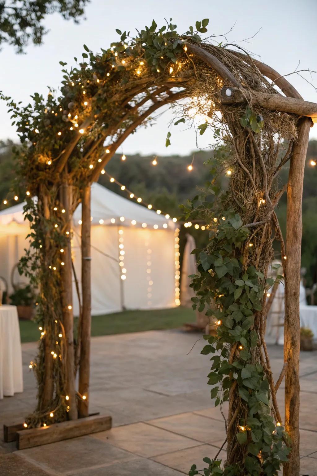 A rustic arch combining branches and greenery for an earthy feel.