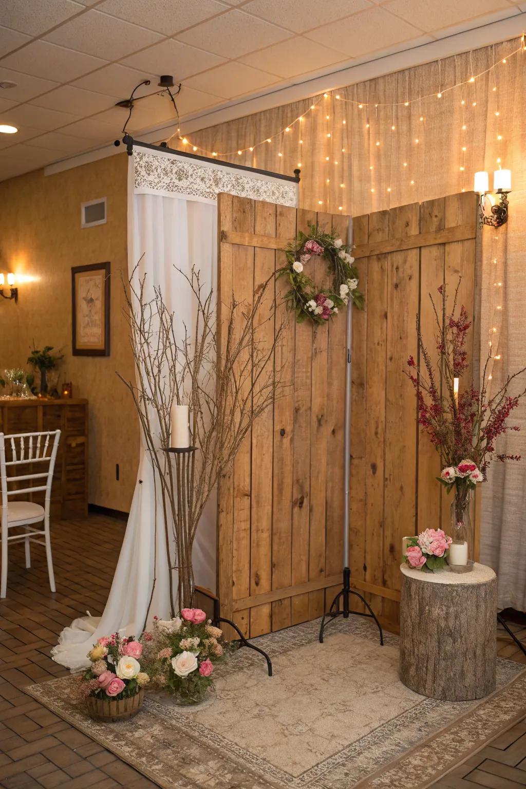 Rustic wood elements bring warmth to the baby shower decor.