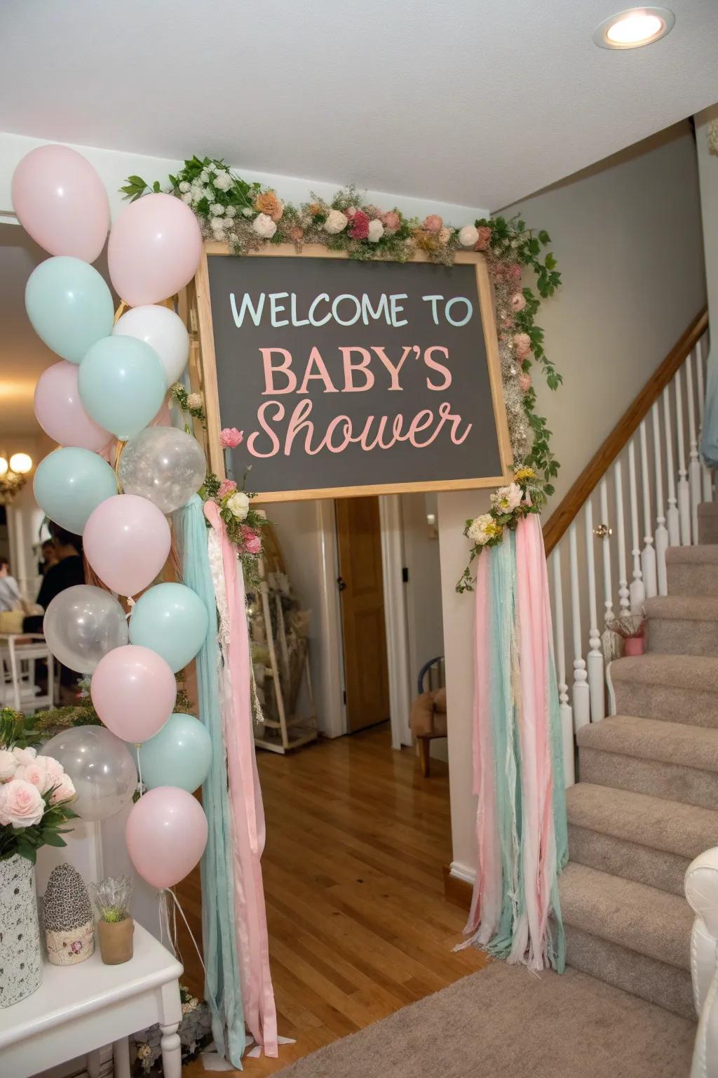 A themed entrance ties the entire baby shower decor together.