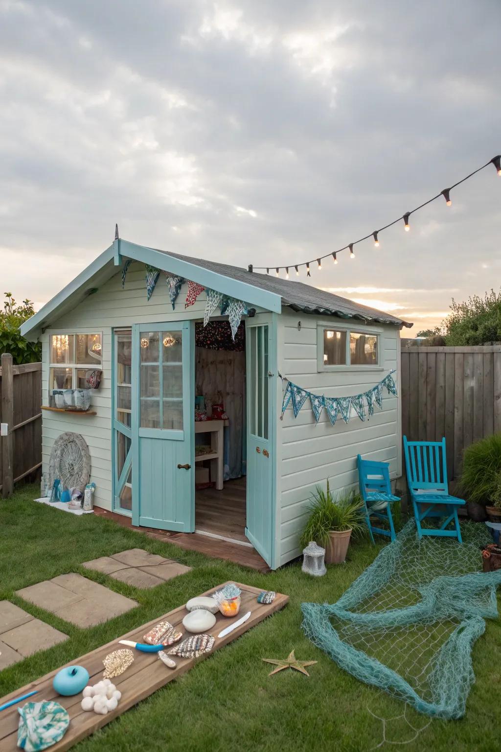 A coastal-themed BBQ shed for a seaside vibe.