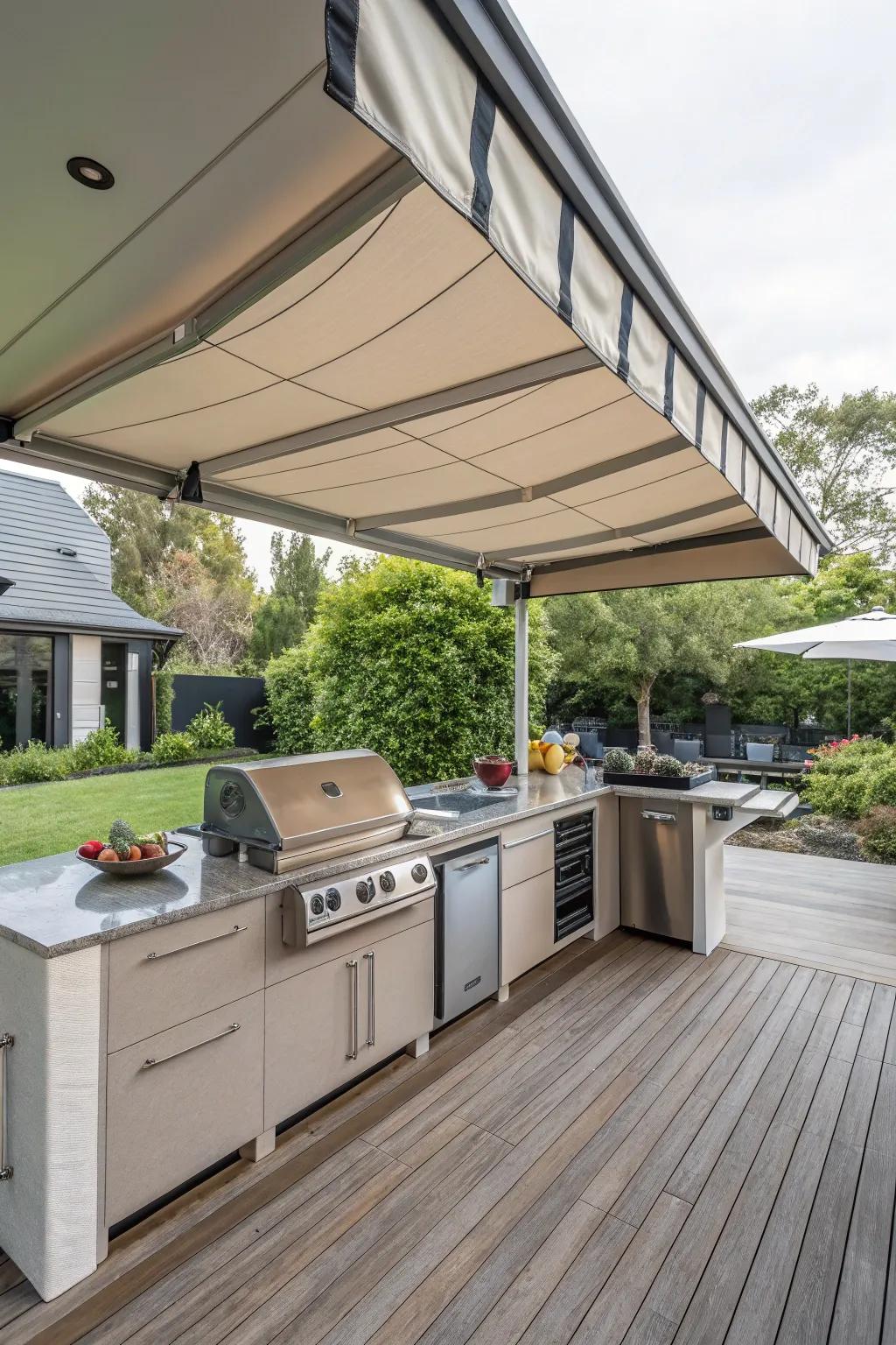 A retractable awning offers flexibility for sun or shade in your outdoor kitchen.