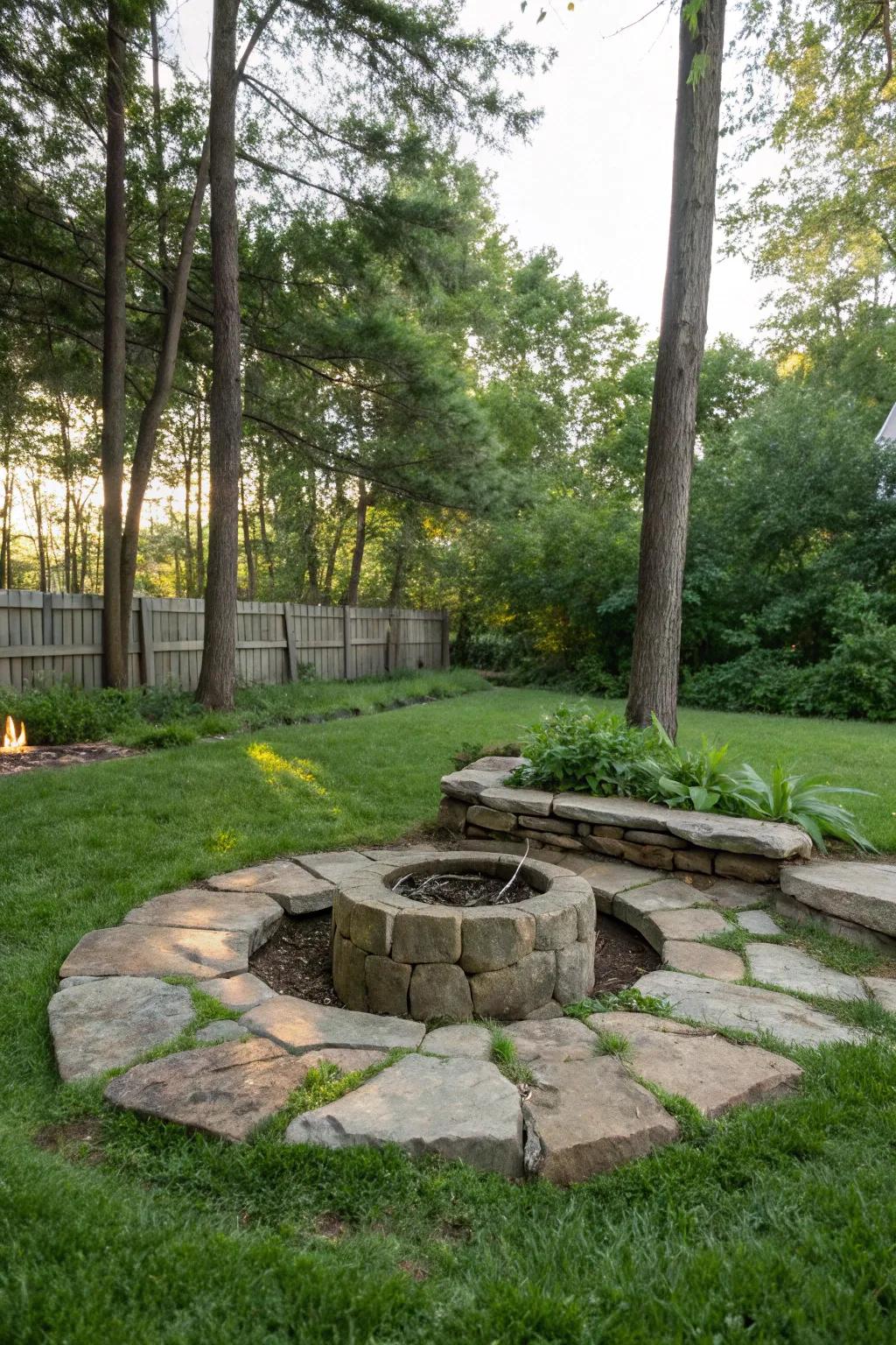 A stone circle fire pit offers a timeless and natural aesthetic.