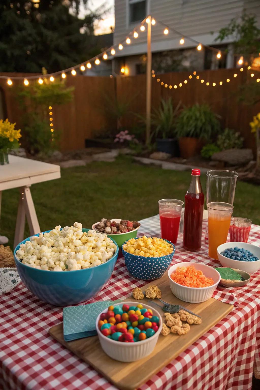 A snack station brings the classic cinema experience to your backyard.