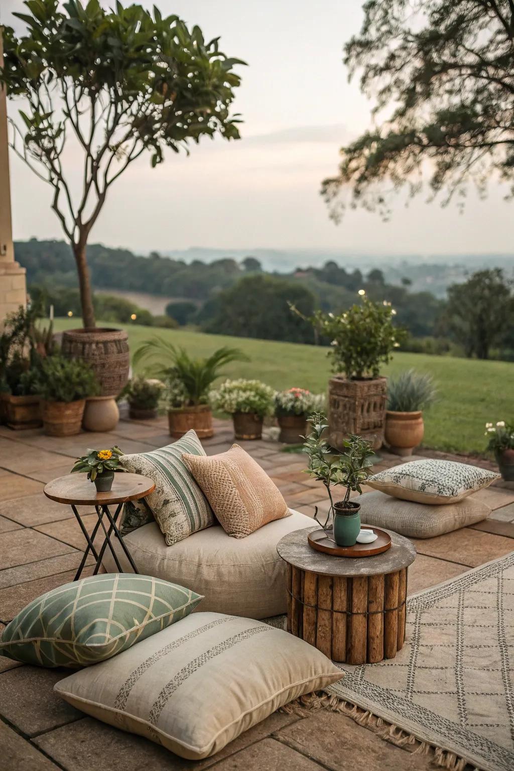 Comfortable seating with plush cushions enhances outdoor relaxation.