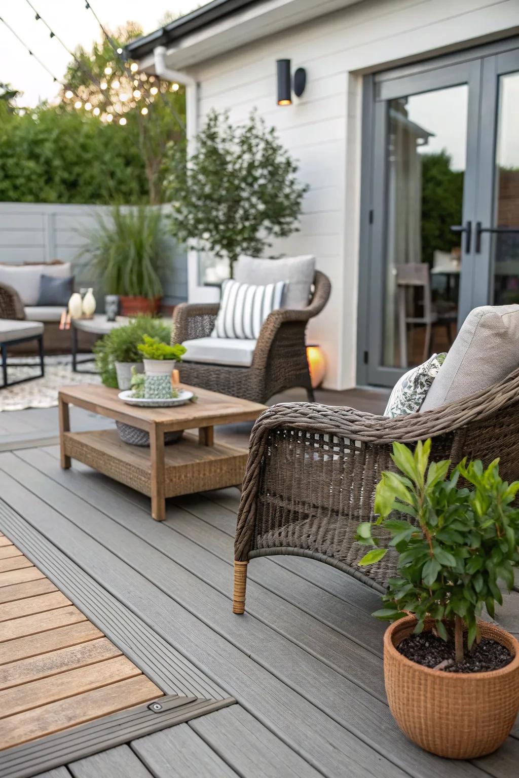 Composite decking combines durability with beauty for a low-maintenance patio.