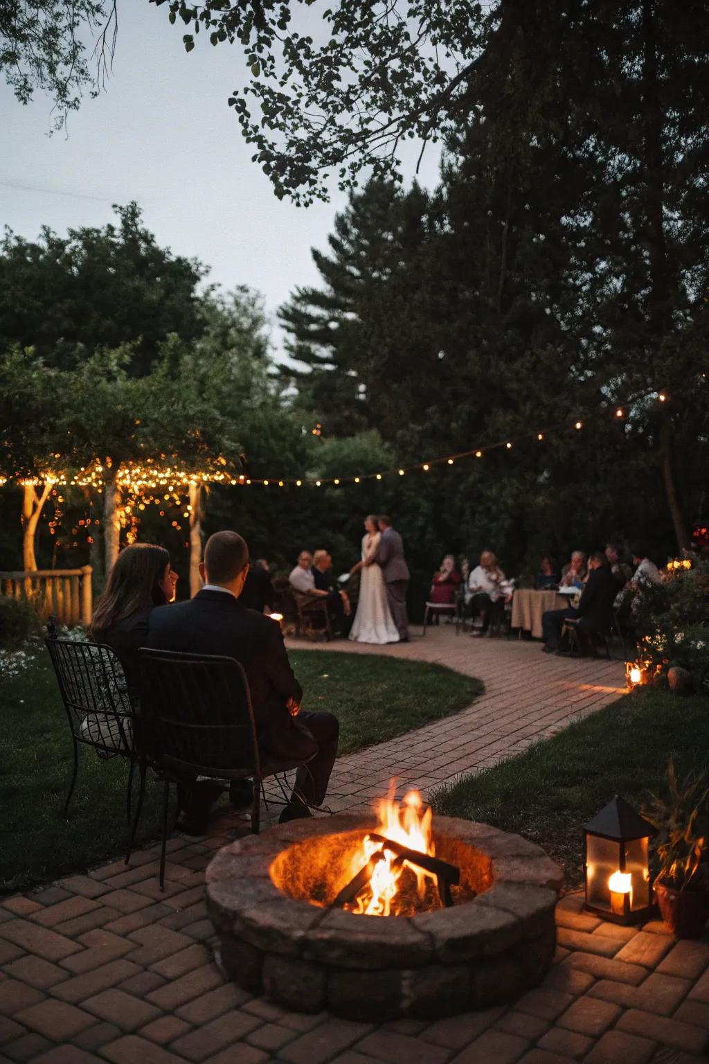 A cozy fire pit lounge offers a warm gathering spot for guests.