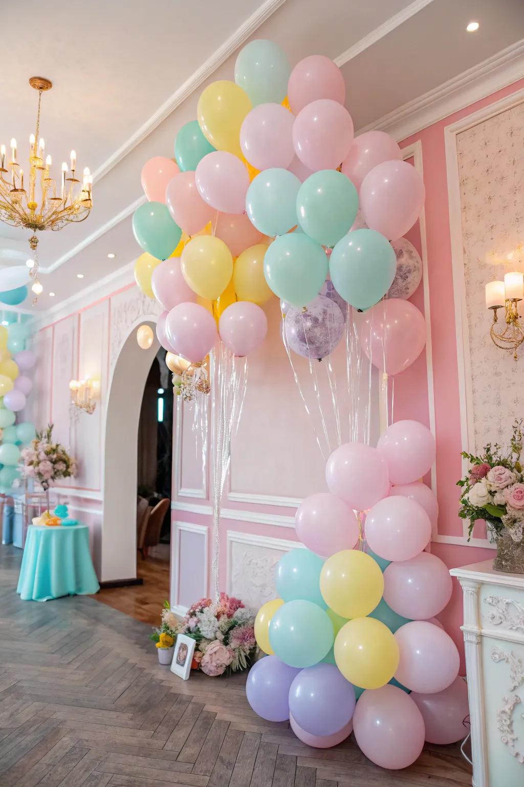 A mix of bright and pastel balloons adds playful sophistication.