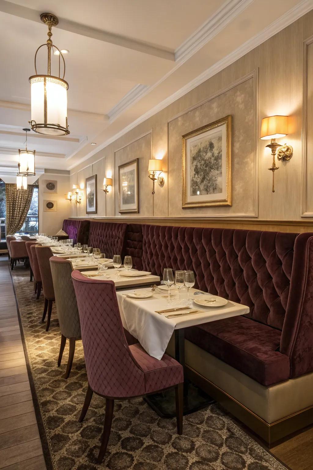 Elegant banquette seating upholstered in velvet, adding a touch of sophistication.