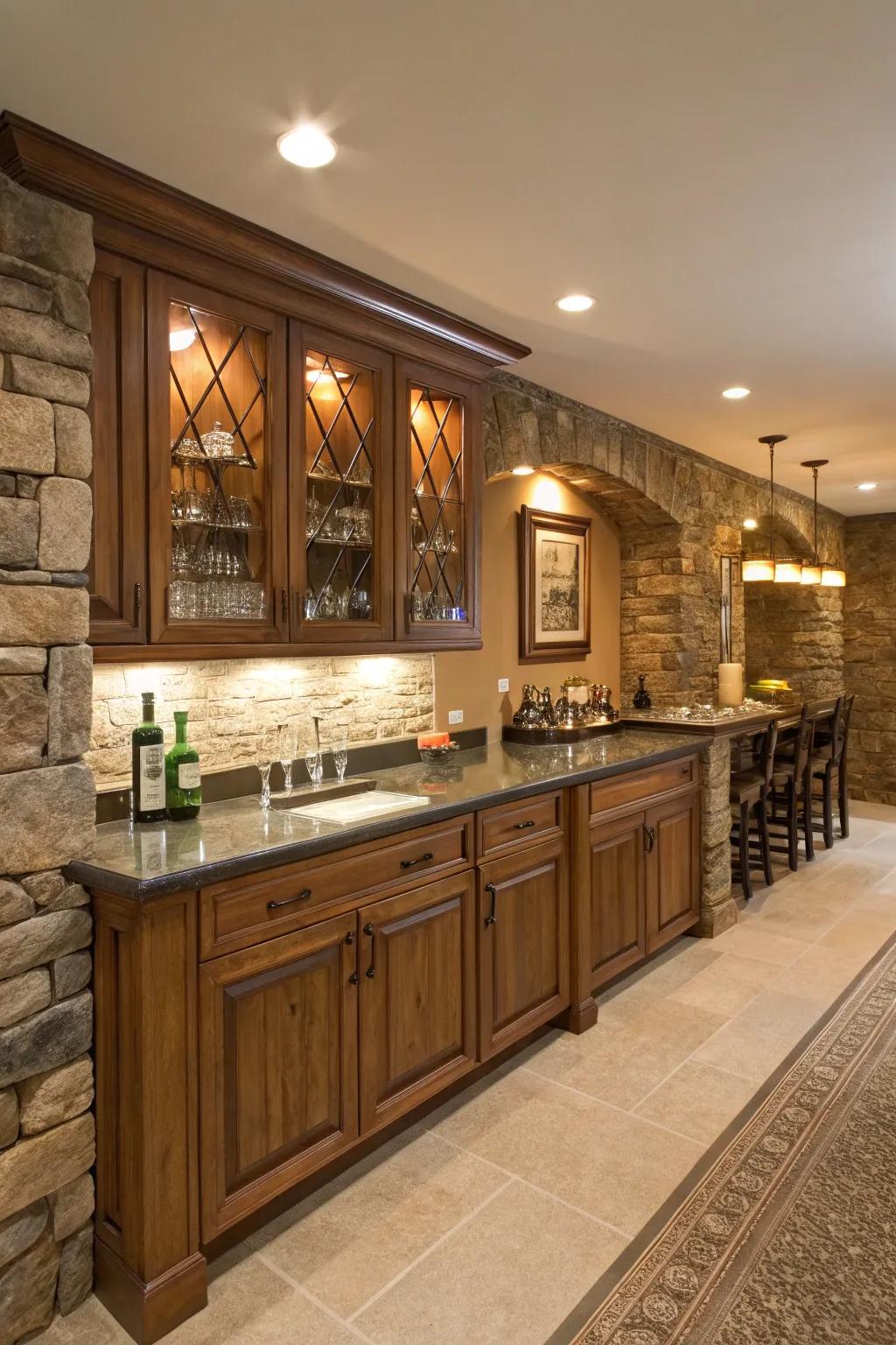 A home bar featuring a natural stone backsplash with ambient lighting.