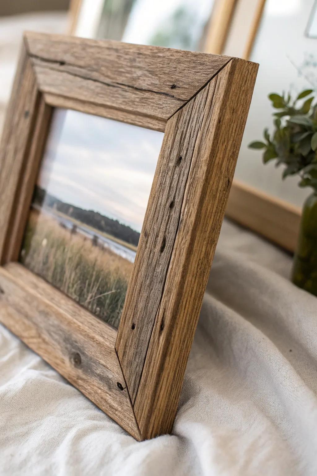 A close-up of barnwood frame's natural textures.