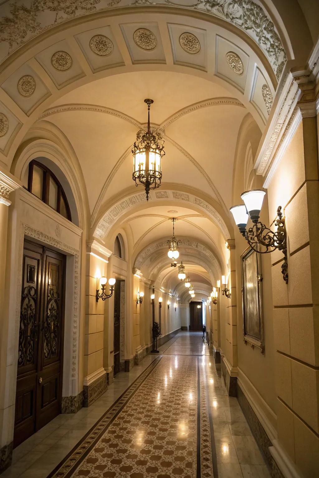 An elegant hallway featuring a guiding barrel ceiling.